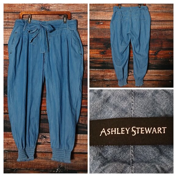 Ashley Stewart Pants Size 16 Belted Jogger Cotton Chambray Pleat Front Jeans - Picture 1 of 8